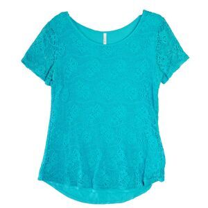 Leo & Nicole Women's Size M Teal Lace Overlay Short Sleeve Shirt Blouse Top